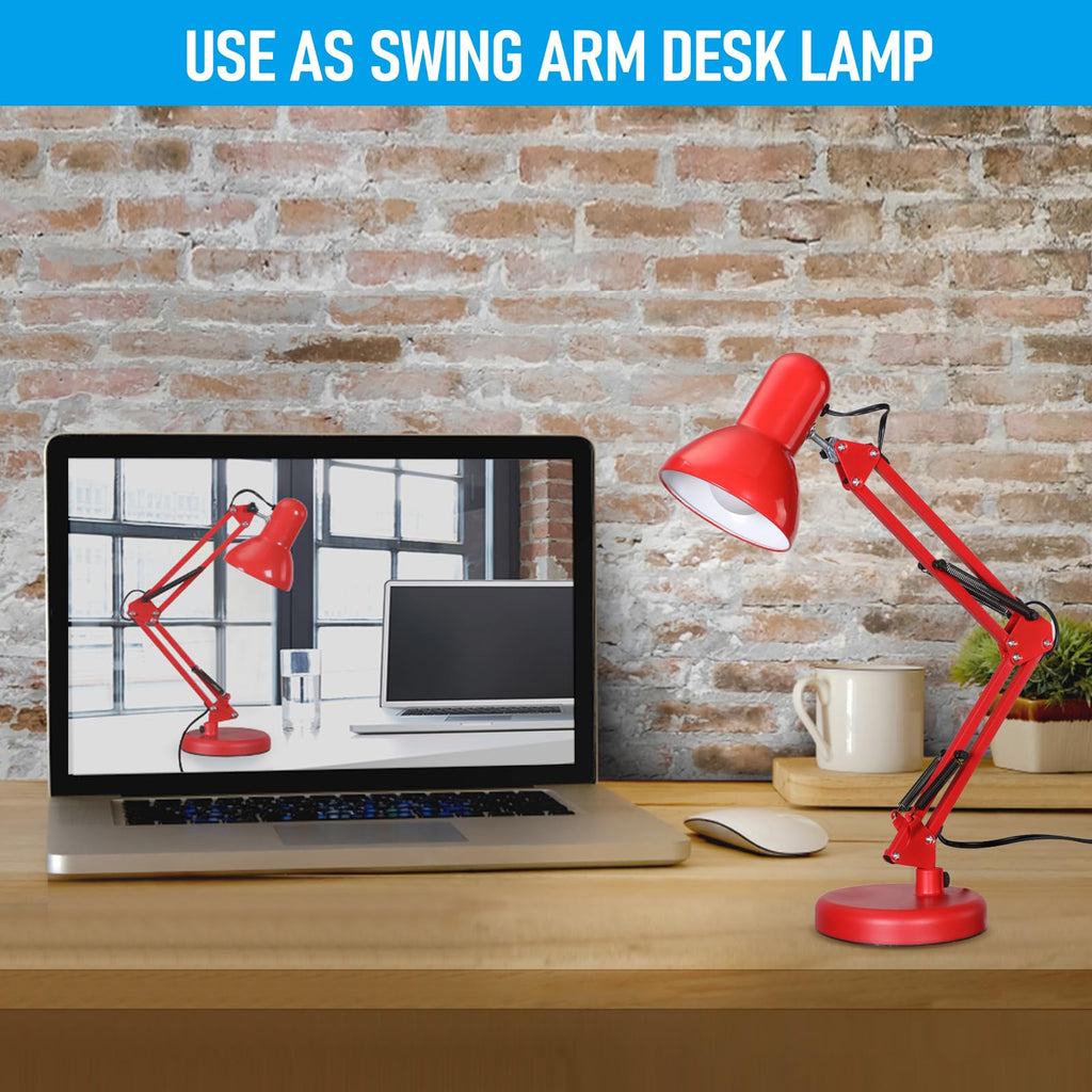 Metal Desk Lamp, Adjustable Swing Arm, E26, Red