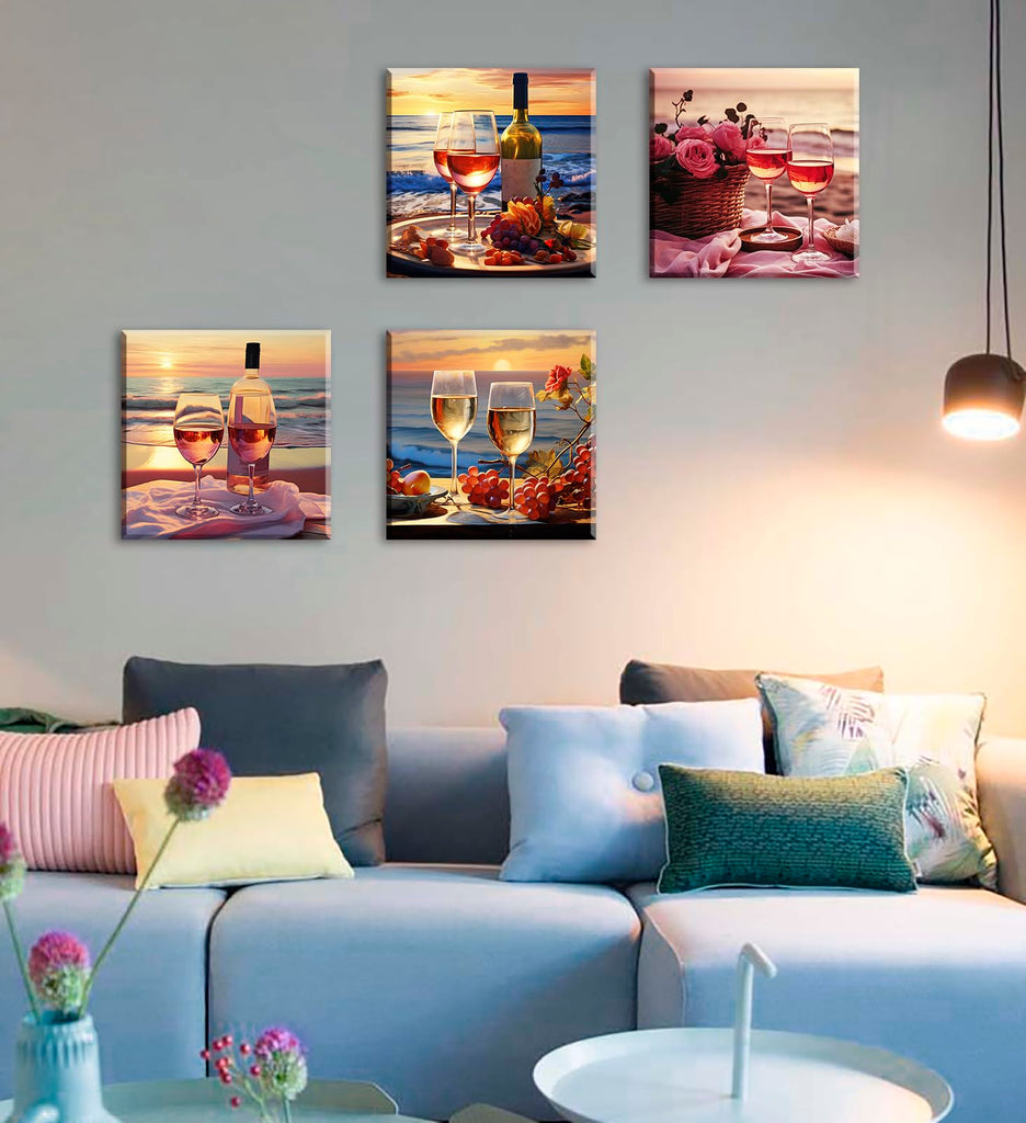 Kitchen Wall Art Wine Glass Canvas Prints 12"X12"X4 Panels