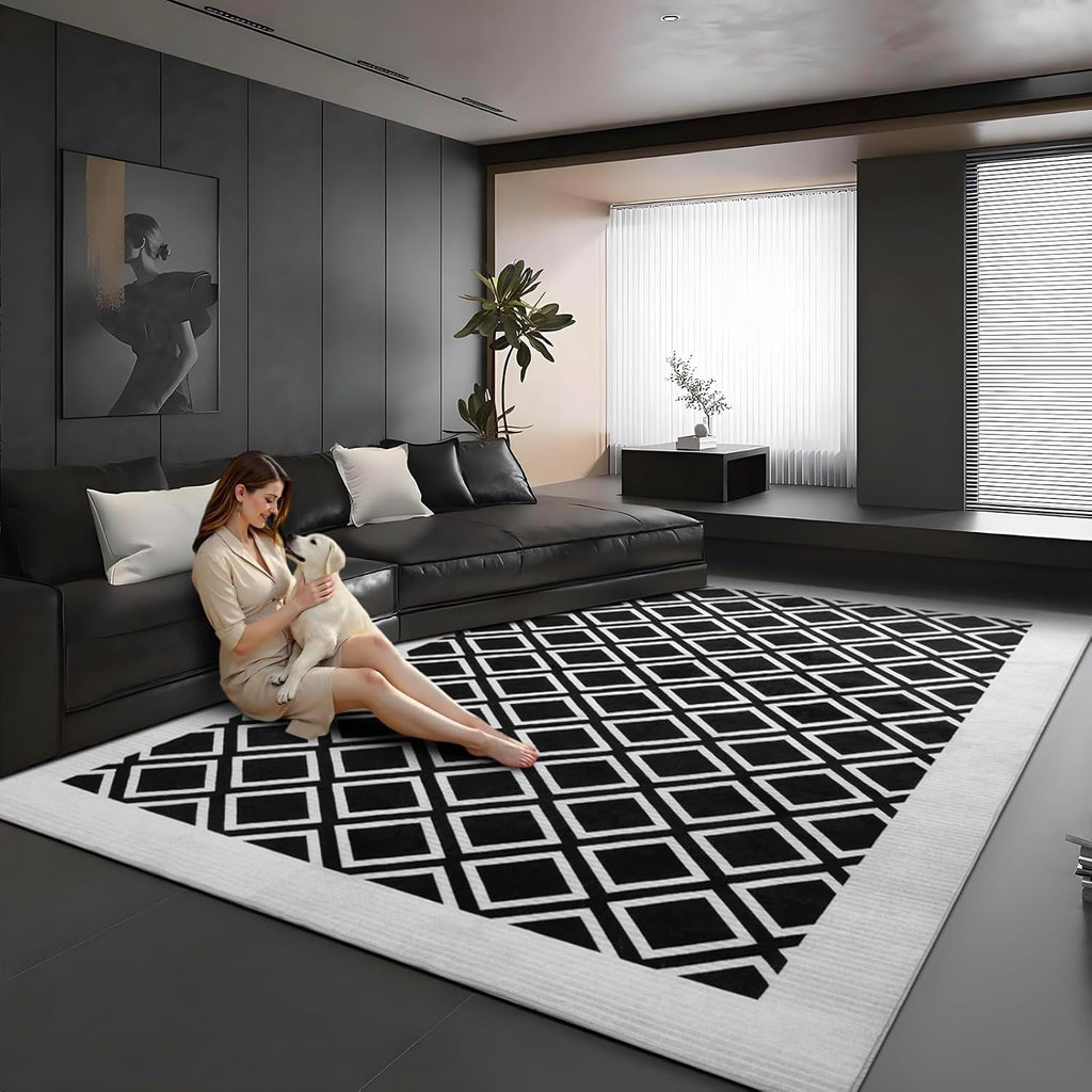 Washable Rug 5x7 - Soft Textured Area Rug with Non-Slip Backing, Modern Luxury Checkered Design, Machine Washable