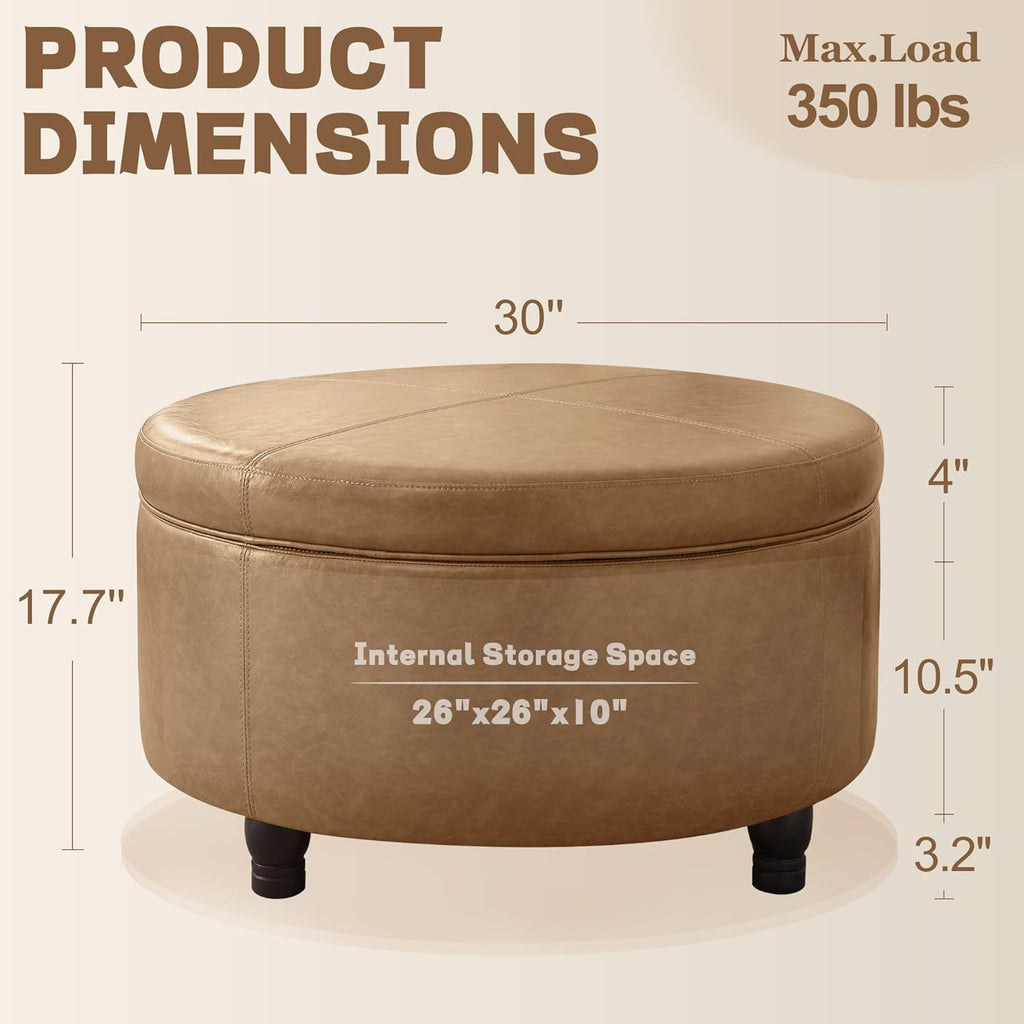 30-Inch Round Ottoman, Leather Ottoman with Storage (Light Brown | Modern Storage Ottoman with Removable Top
