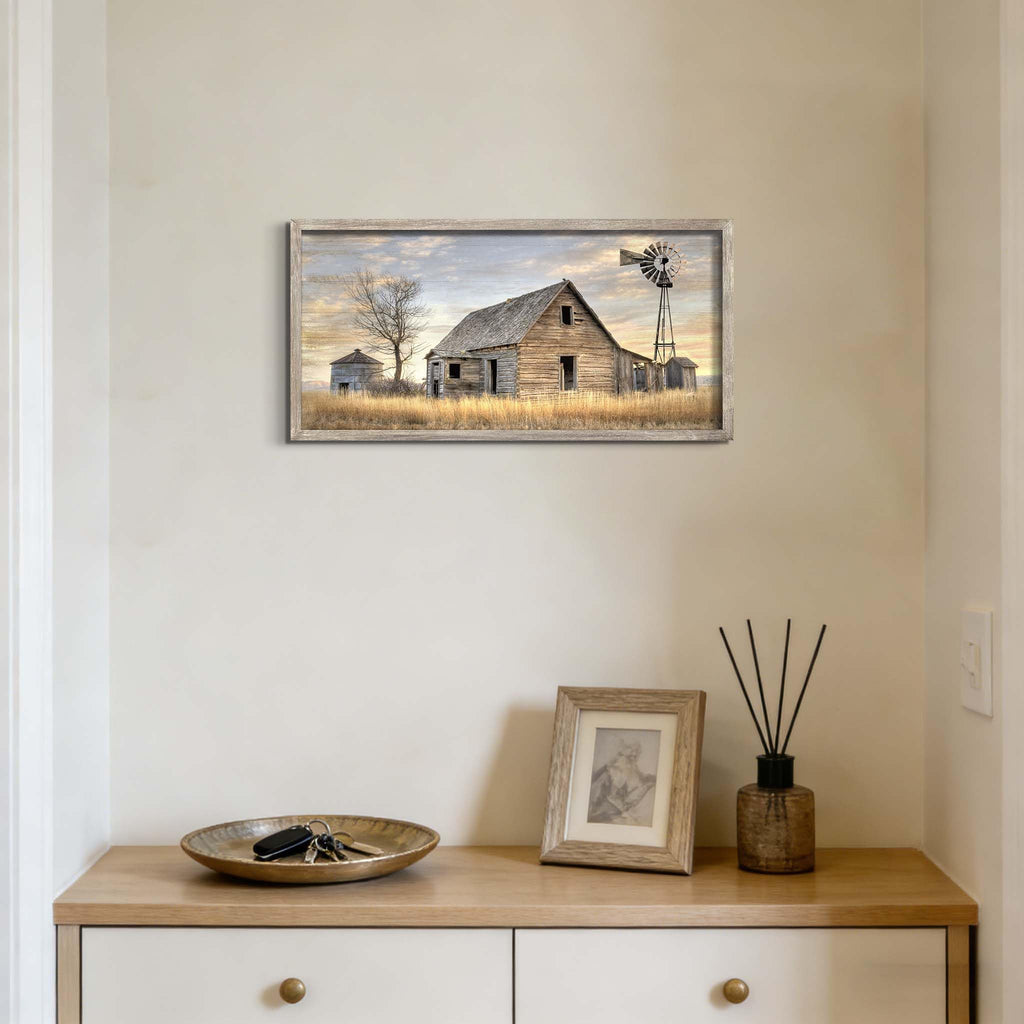 Rustic Autumn Windmill Farmhouse Wood Framed Wall Art 24x12 Inch