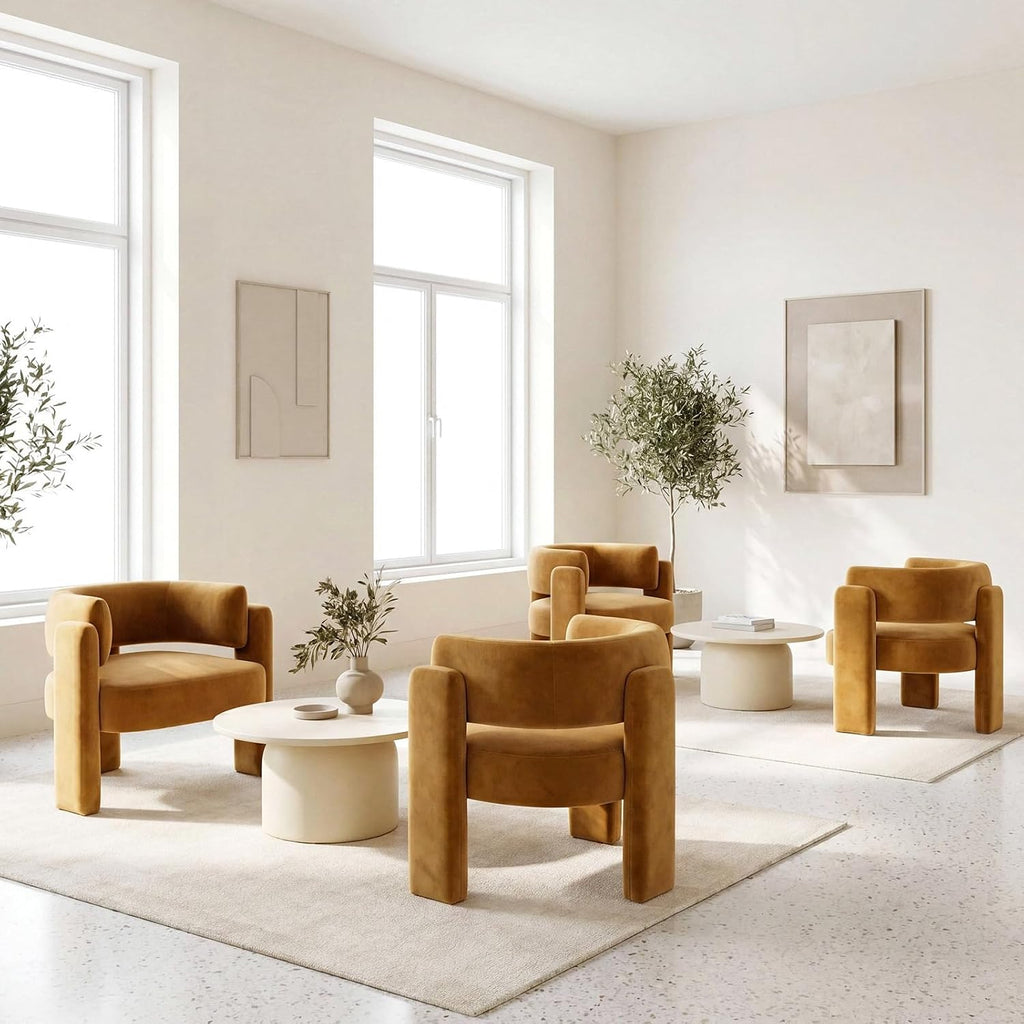 Modern Velvet Accent Chair, Comfy Upholstered Barrel Chairs (1, Khaki) | Accent Chairs with 3 Legs, Side Arm Chair