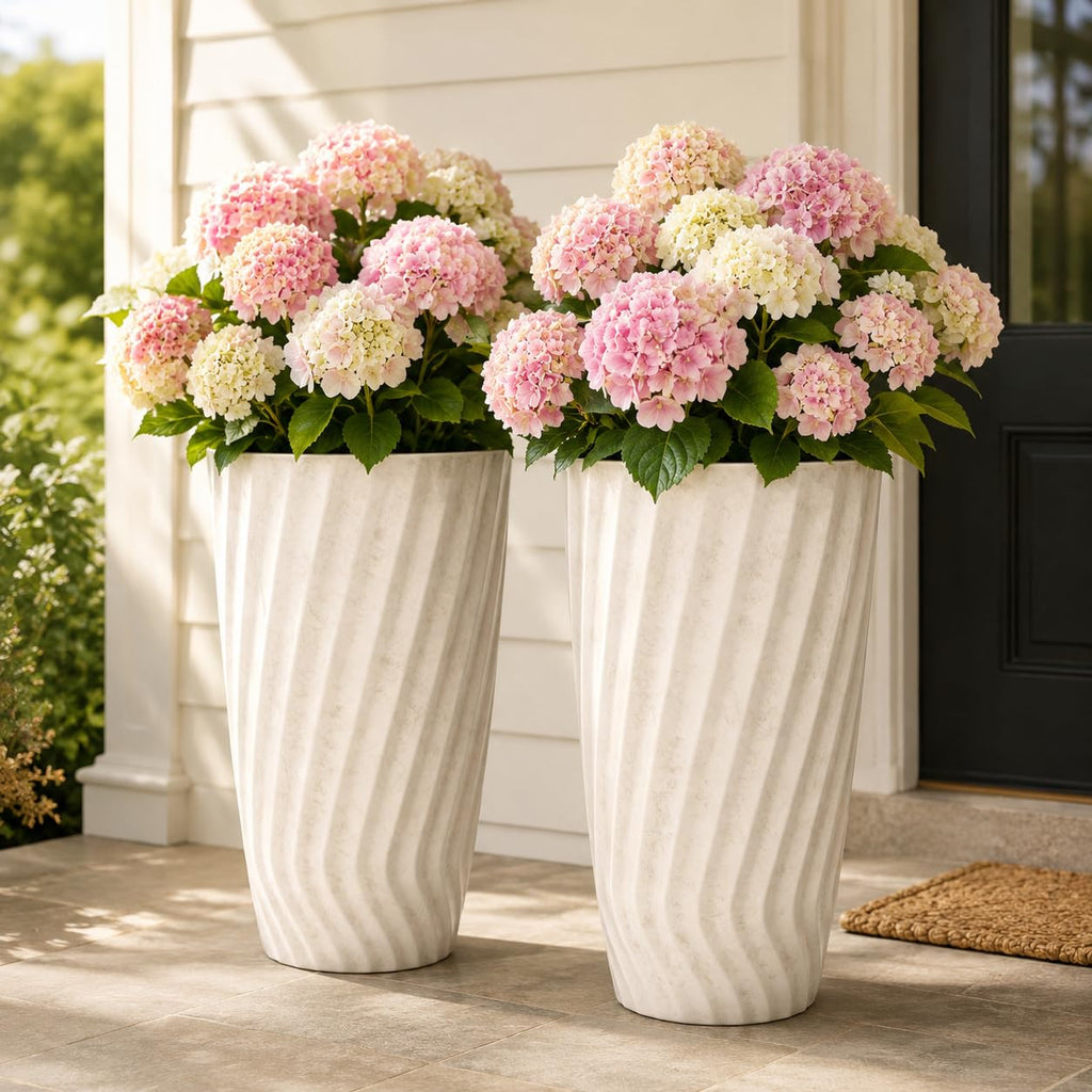 24" Vintage Ivory Marble-Textured Tall Planters Set of 2