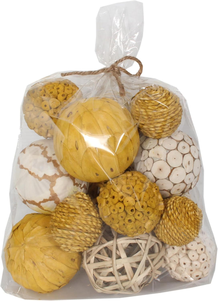 Dried Exotics Balls, Orbs, Spheres, Bowl Filler, Vase Filler Assorted Ochre Yellow/Natural - Set of 18