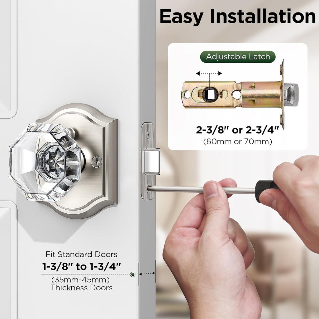 3 Pack Glass Door Knob, Octagon Shaped Crystal Door Knobs with Lock, Satin Nickel Door Knobs Interior Glass