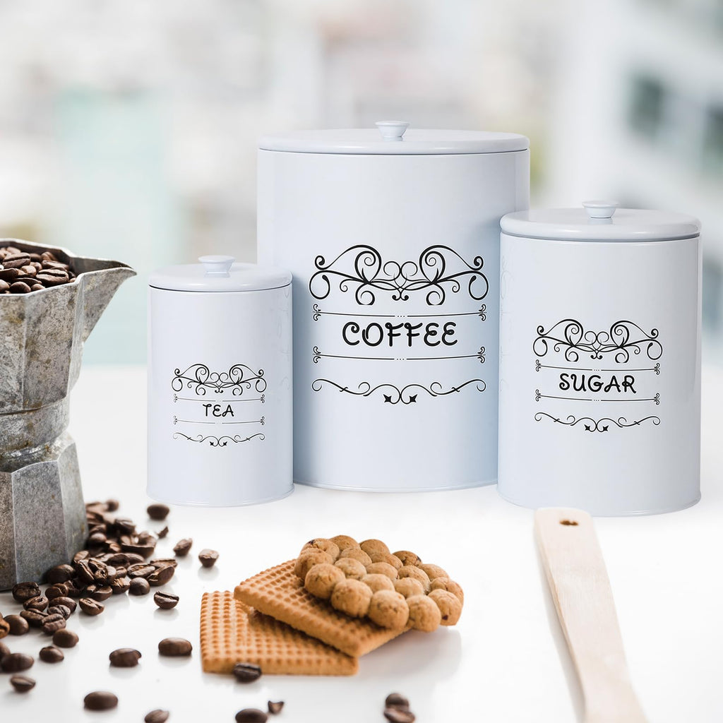 Country White Canisters Set of 3, Rustic Farmhouse Metal Containers with Airtight Lids, Kitchen Storage Canisters for