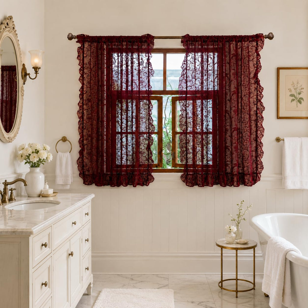 Burgundy Kitchen Curtains 45 Inch Length - Chic Short Lace Sheer Cafe Curtains for Window Over Sink, Light Filtering