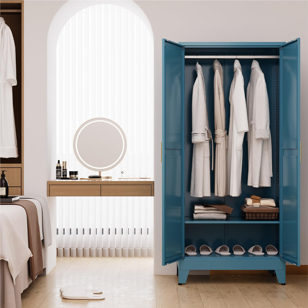 71" Tall Metal Armoire Wardrobe Closet with Removable Hanging Rod and Adjustable Shelves, Blue