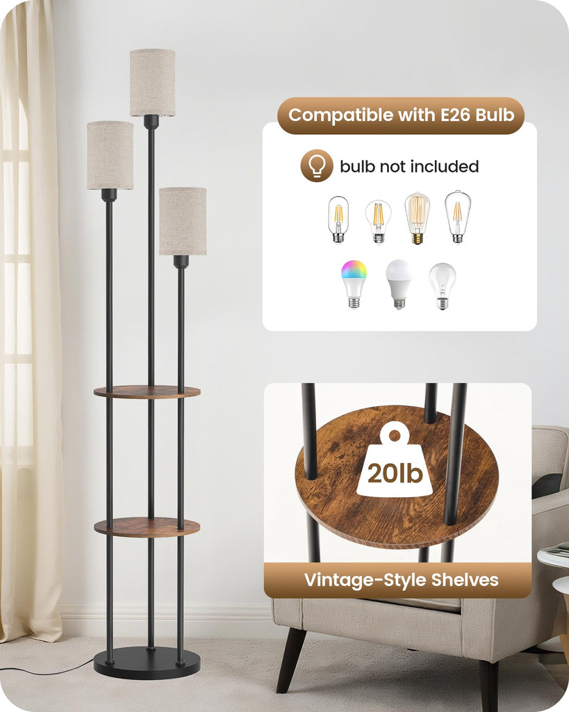 70.9" Floor Lamp with Shelves, Modern Floor Lamp with 3 Linen Shades and Foot Switch, 3-Light Standing Lamp, Study