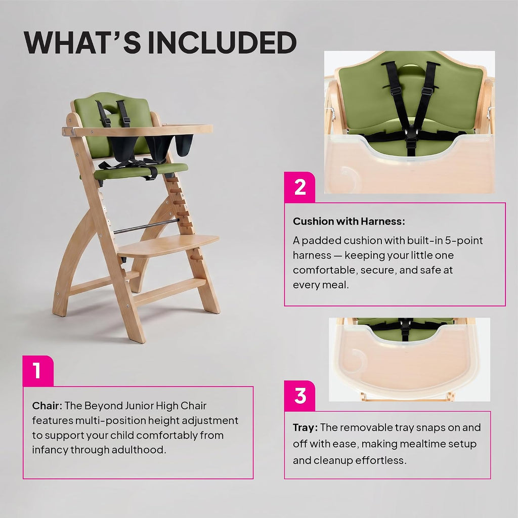 Beyond Junior Convertible Wooden High Chair with Removable Tray - Natural Olive | 3-in-1 Adjustable Highchair for