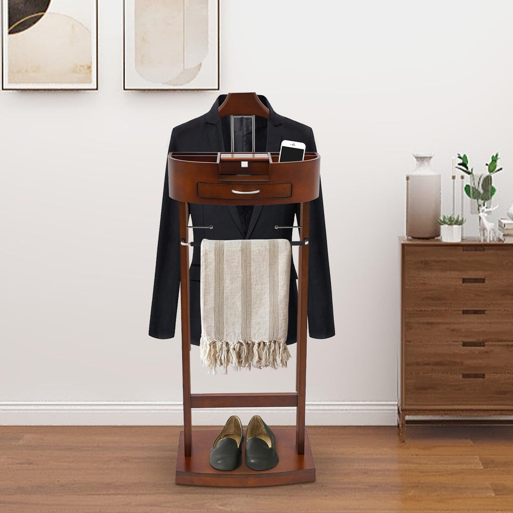 Wood Valet Stand With Wood Base, Freestanding Wooden Clothes Valet Stand Organizer with Hanger, Pant Rod, Drawer