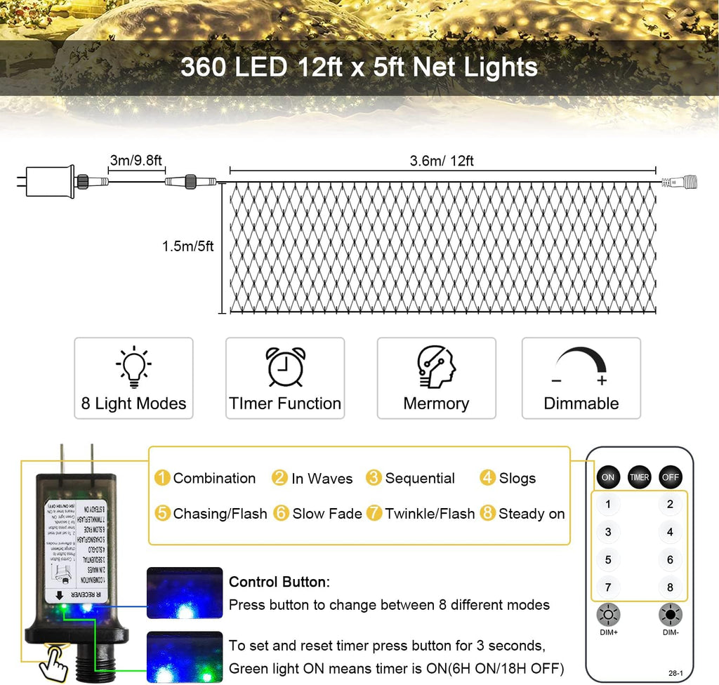 360 LED Christmas Net Lights, Warm White, 12ft x 5ft