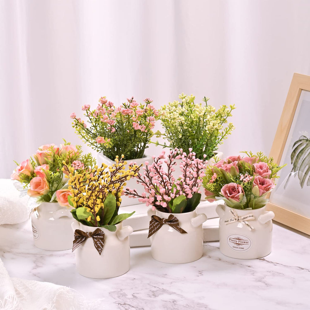 6Pcs Artificial Flowers with Ceramic Pot, Faux Flowers in Vase
