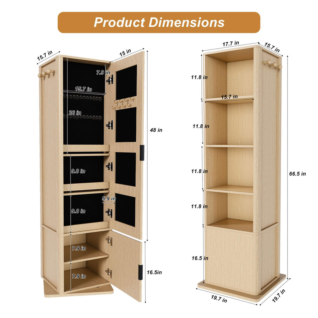 360° Swivel Jewelry Cabinet Makeup Jewelry Armoire with Full Length Mirror, Standing Storage Cabinet with a Coat