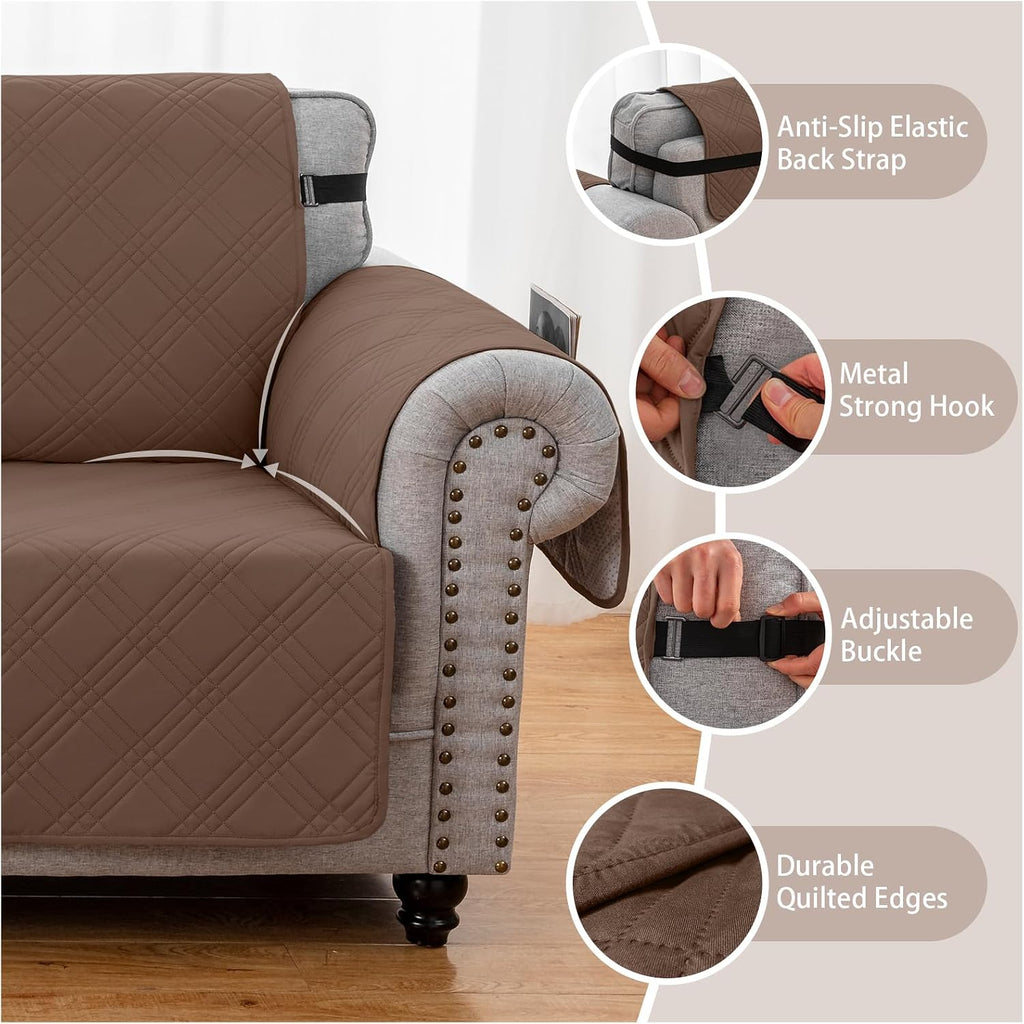 100% Waterproof Couch Cover for Dogs, Washable Anti-Slip Sofa Cover with Elastic Straps & Side Pockets, Quilted