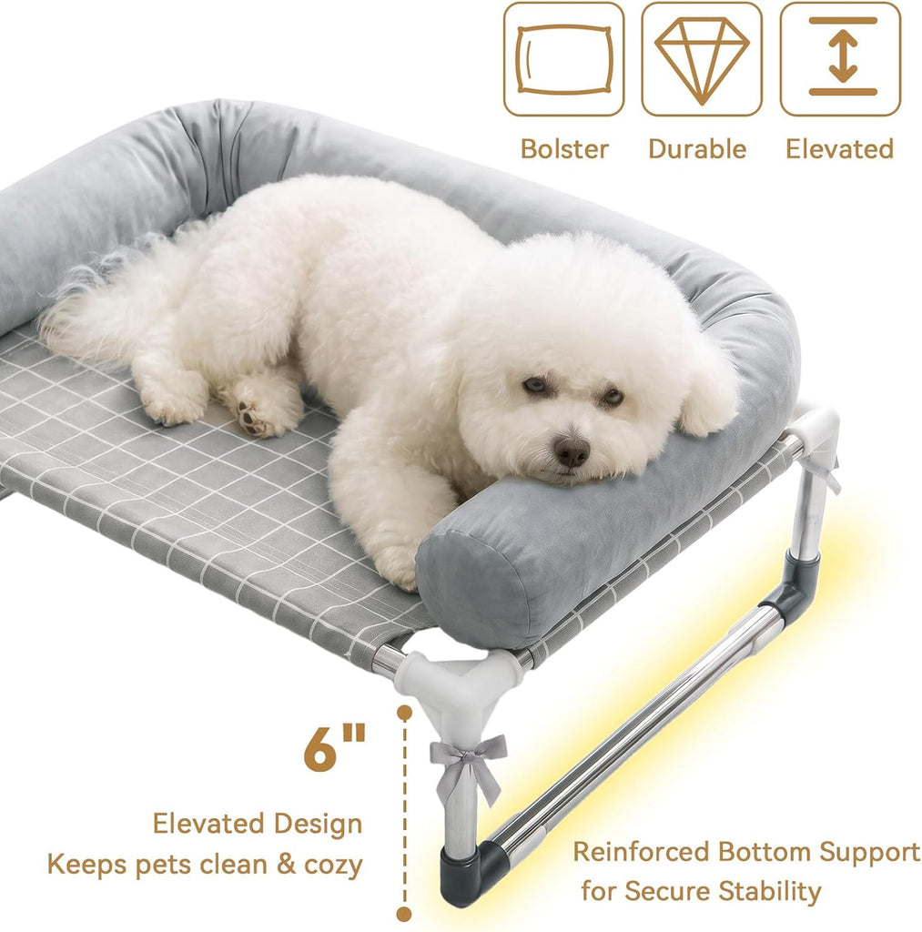 Elevated Dog Bed with 3 Sided Bolster - Raised Pet Cot for Small Dogs