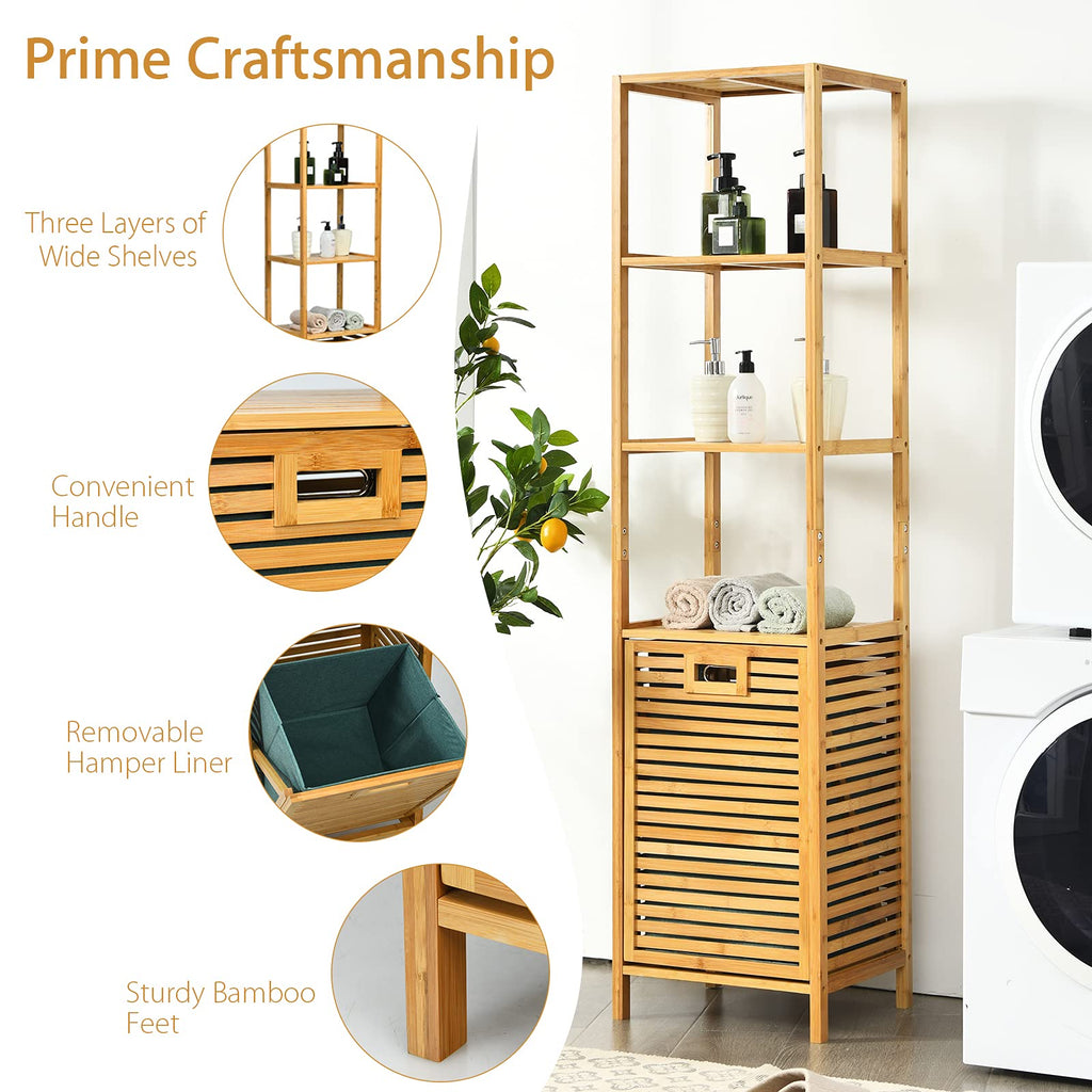 4 Tier Bamboo Shelves with Tilt Out Laundry Hamper, Freestanding Storage Shelf with Laundry Basket, Tower Hamper