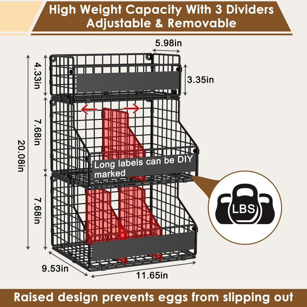3-Tier Egg Holder Countertop with Labels & Marker, Stackable Wire Basket