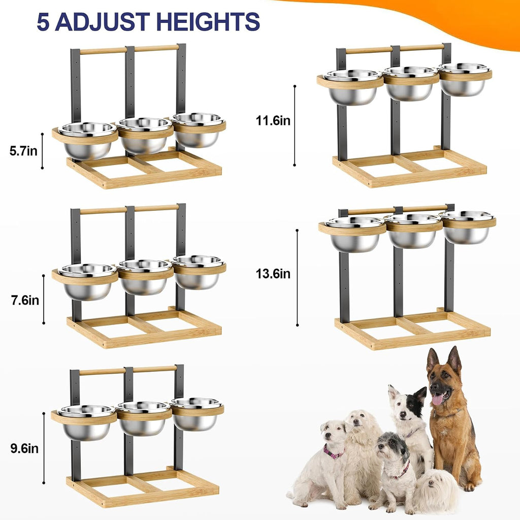 Bamboo Raised Dog Bowl, Elevated Dog Bowl, 5-Height Adjustable
