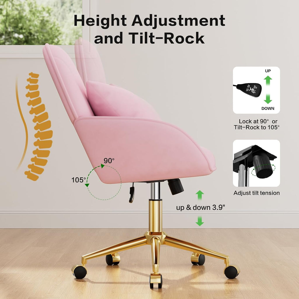 Pink Velvet Desk Chair with Pillow, Upholstered Home Office Desk Chair Makeup Vanity Chair with Swivel Wheels