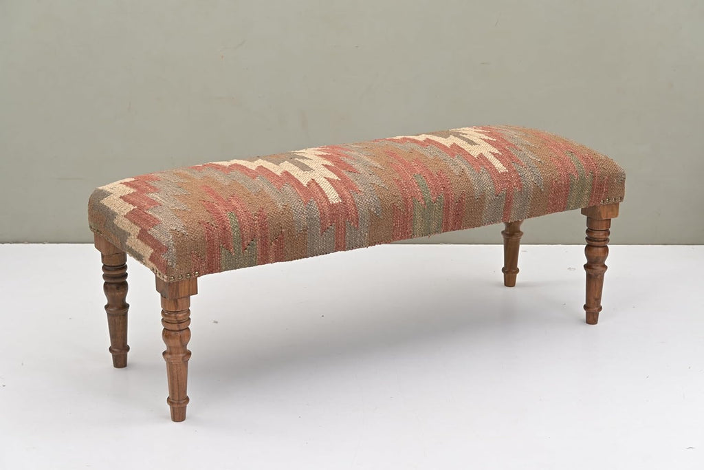 Acacia Wood Kilim Jute Fabric Upholstered Bench | Southwestern Pattern Wooden Ottoman with Turned KD Legs , End of