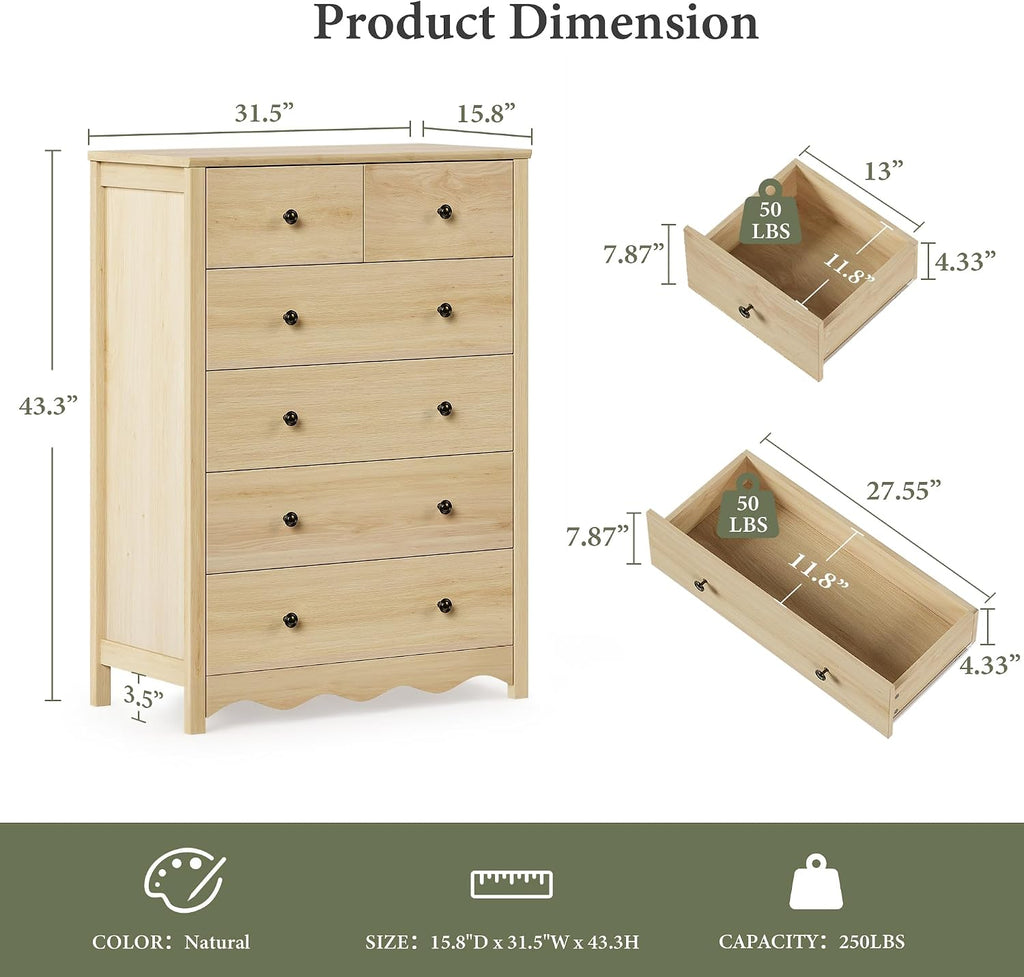 44" Tall Dresser with 6 Drawers (Natural) | Modern, Farmhouse, Metal Handle, Natural, Wood-grain Finish, Organizer