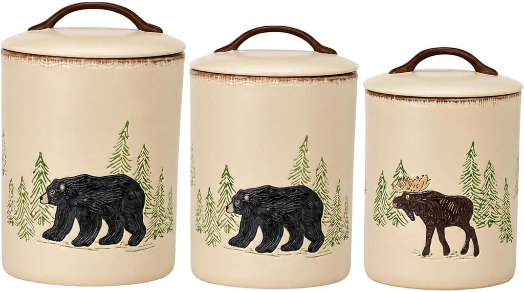 Stoneware Rustic Retreat Canister Set | Farmhouse Rustic Countertop Storage | Airtight Seal | Kitchen Counter - Set of 3