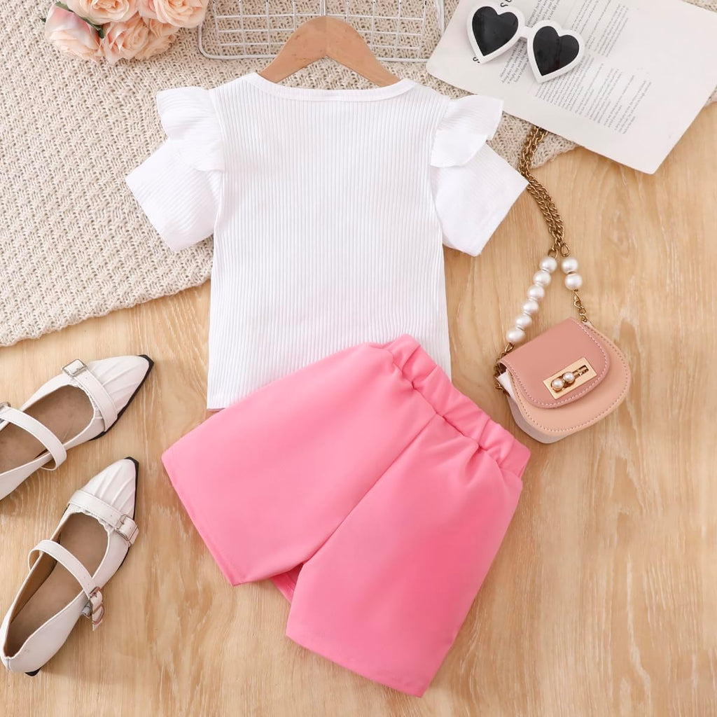 Girls 2 Piece Clothes Ruffled Sleeve Striped Top and Pearl Skirt Short Set Girl Summer Clothes