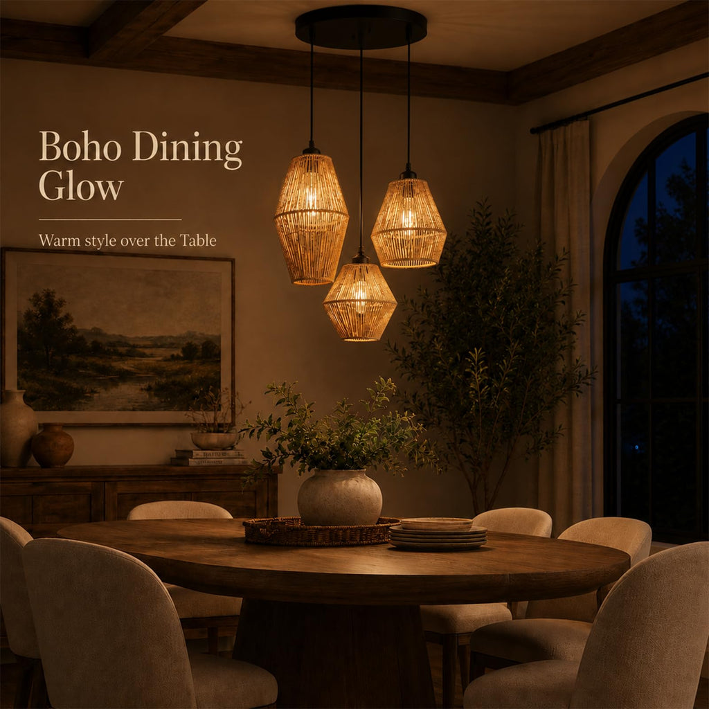 3-Light Rattan Pendant Light, Hand Woven Boho Chandelier, Wicker Pendant Light Fixture, Kitchen Dining Room Chandelier