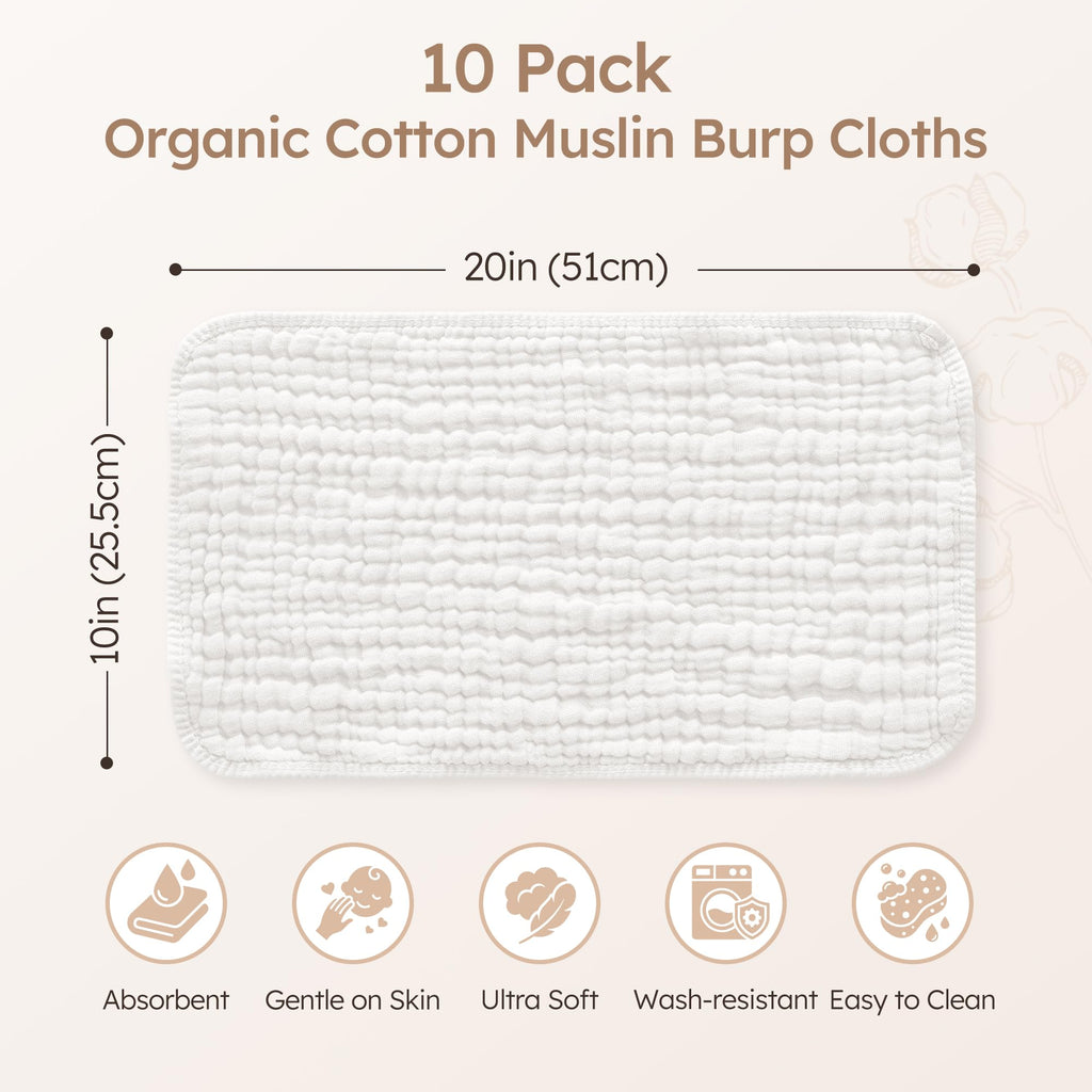 Muslin Burp Cloths for Baby 10 Pack 100% Organic Cotton Baby Washcloths for Boys Girls Large 20''X10'' Super Soft and