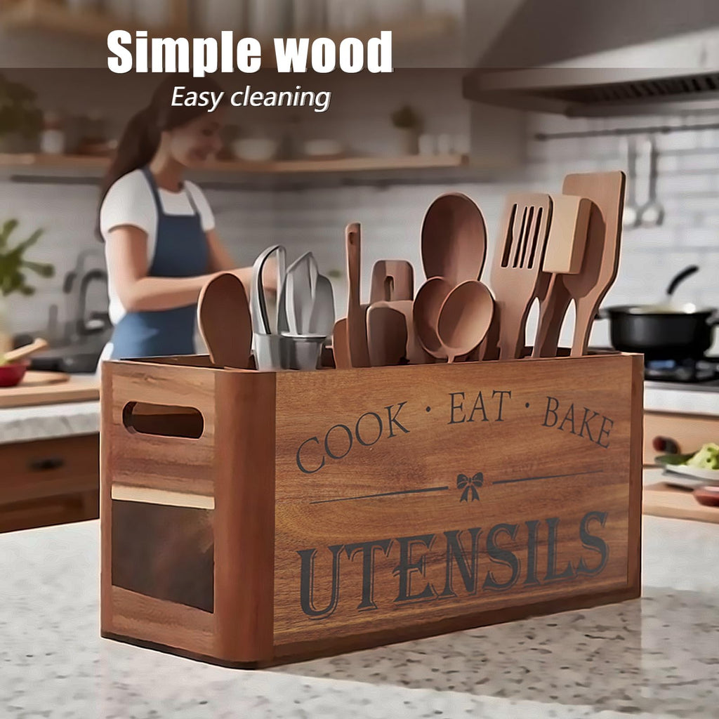 Utensil Holder Countertop - Extra Large 4 Compartment Wooden Organizer in Acacia Wood, Storage for Cooking Tools