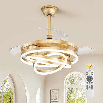 42 Inch Retractable Ceiling Fan with Lights, Modern Gold Fandelier