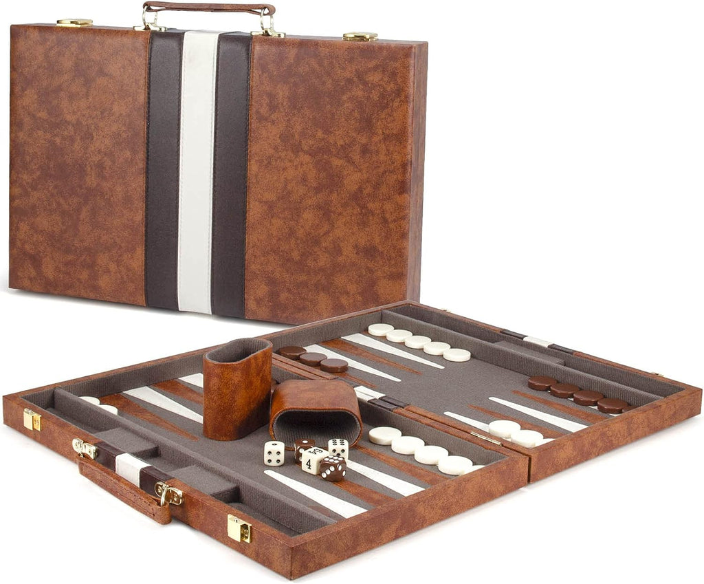 Backgammon Set, 15 Inches Classic Board Game with Leather Case, Folding Board, Gift Package, Portable Travel Strategy