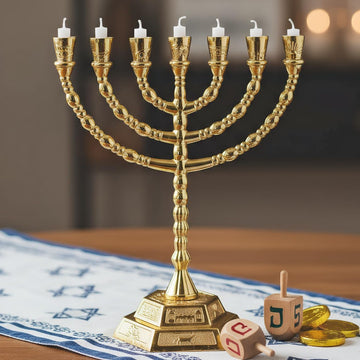 Large 7 Branch Hanukkah Gold Plated Jewish Menorahs Candle Holder