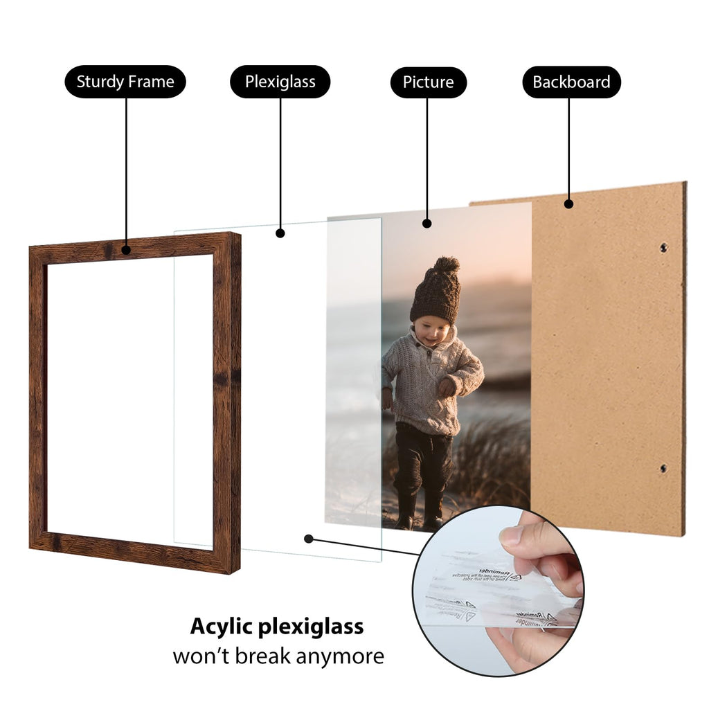 8.5x11 Picture Frame Rustic Brown Set of 4, Wooden Diploma Frames