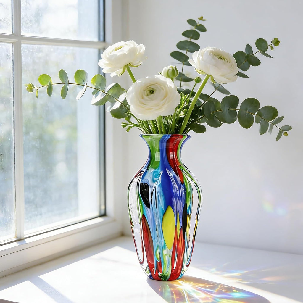 14" H Hand Blown Art Glass Vase, Multicolor Decorative Flower Vase with Wide Mouth Opening, Heavy Artistic Glass
