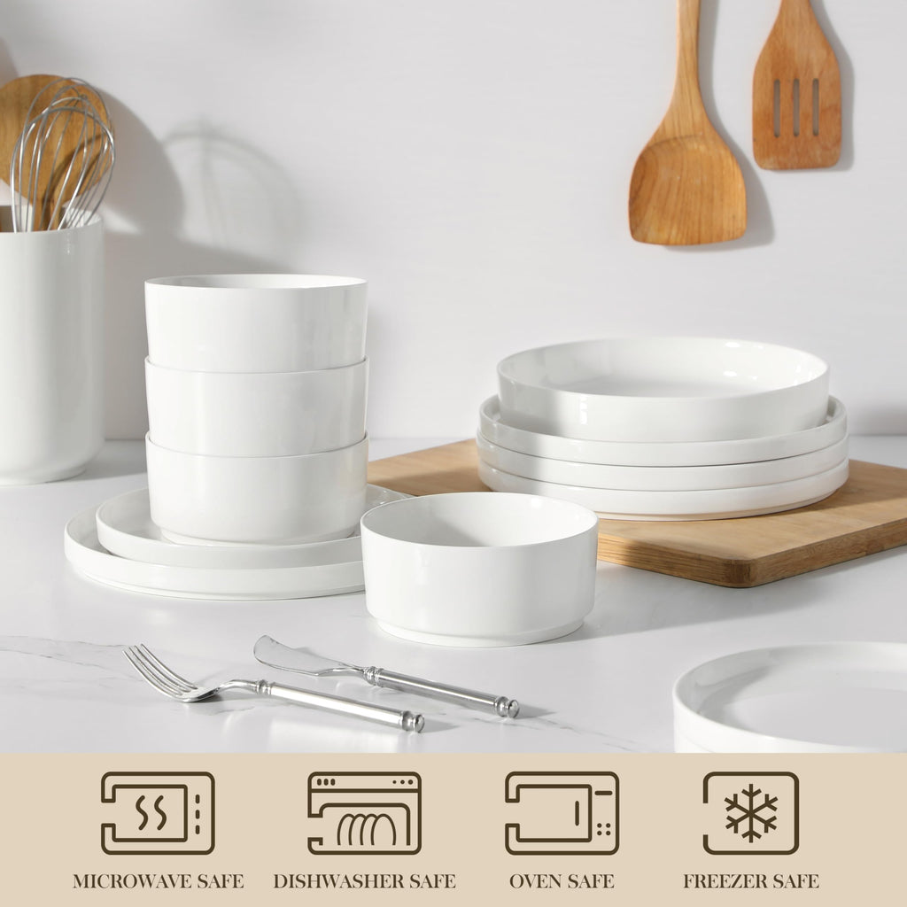 24 Pieces Porcelain Dinnerware Set, Modern White Dish Set for 6, Premium Serving Plates and Bowls Sets, Chip and