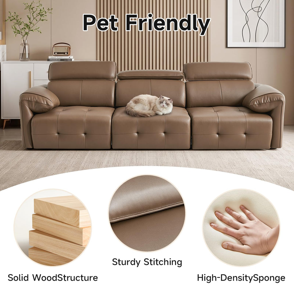 Electric Pull Out Couch With Adjustable Headrests, Genuine Leather Power Recliner Sofa with Extendable Footrest