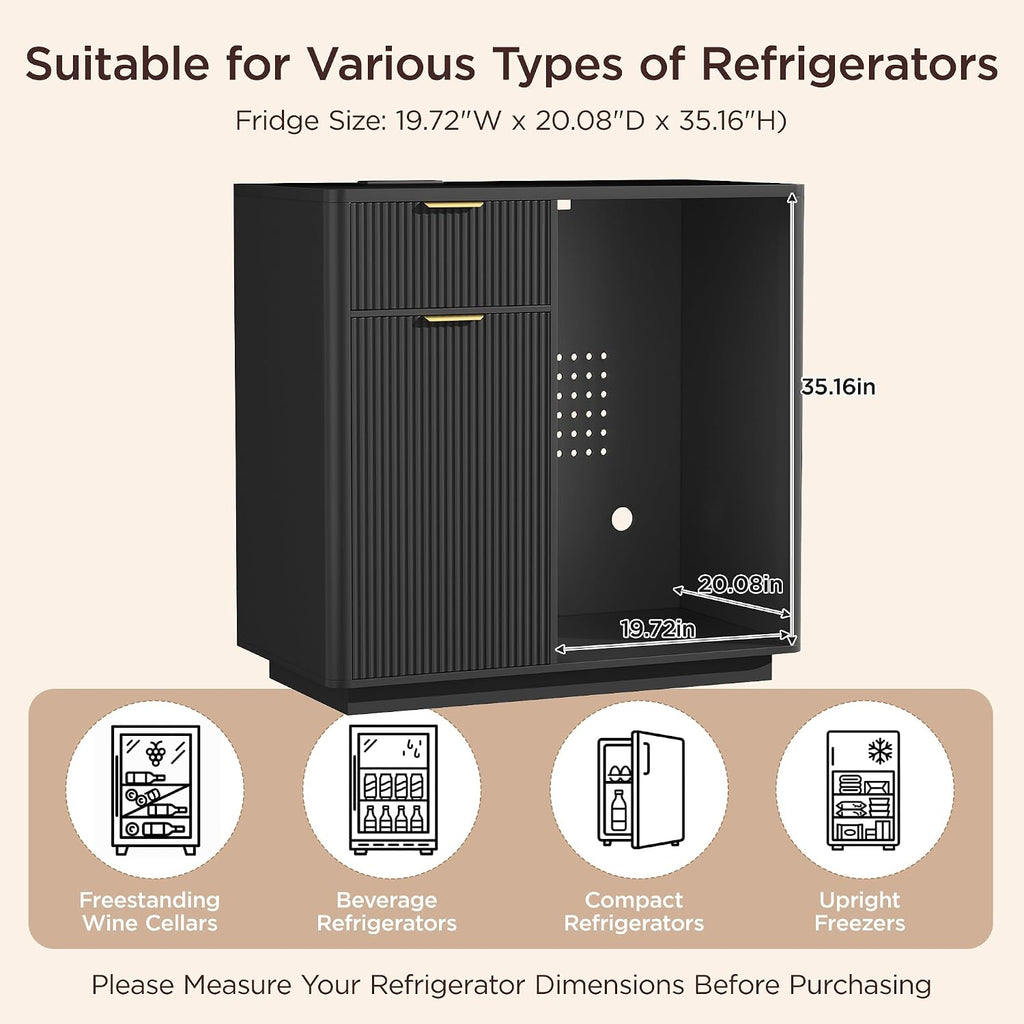 Mini Fridge Cabinet with Wine Storage & Power Outlet, Black | Coffee Bar Cabinet with Mini Fridge Space, Liquor