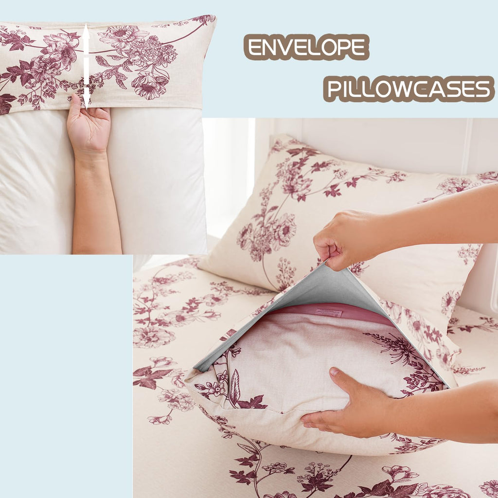 Sheets 100% Percale Cotton Red Floral Bed Sheet Set, Brushed Extra Softness, Breathable Luxury Toile