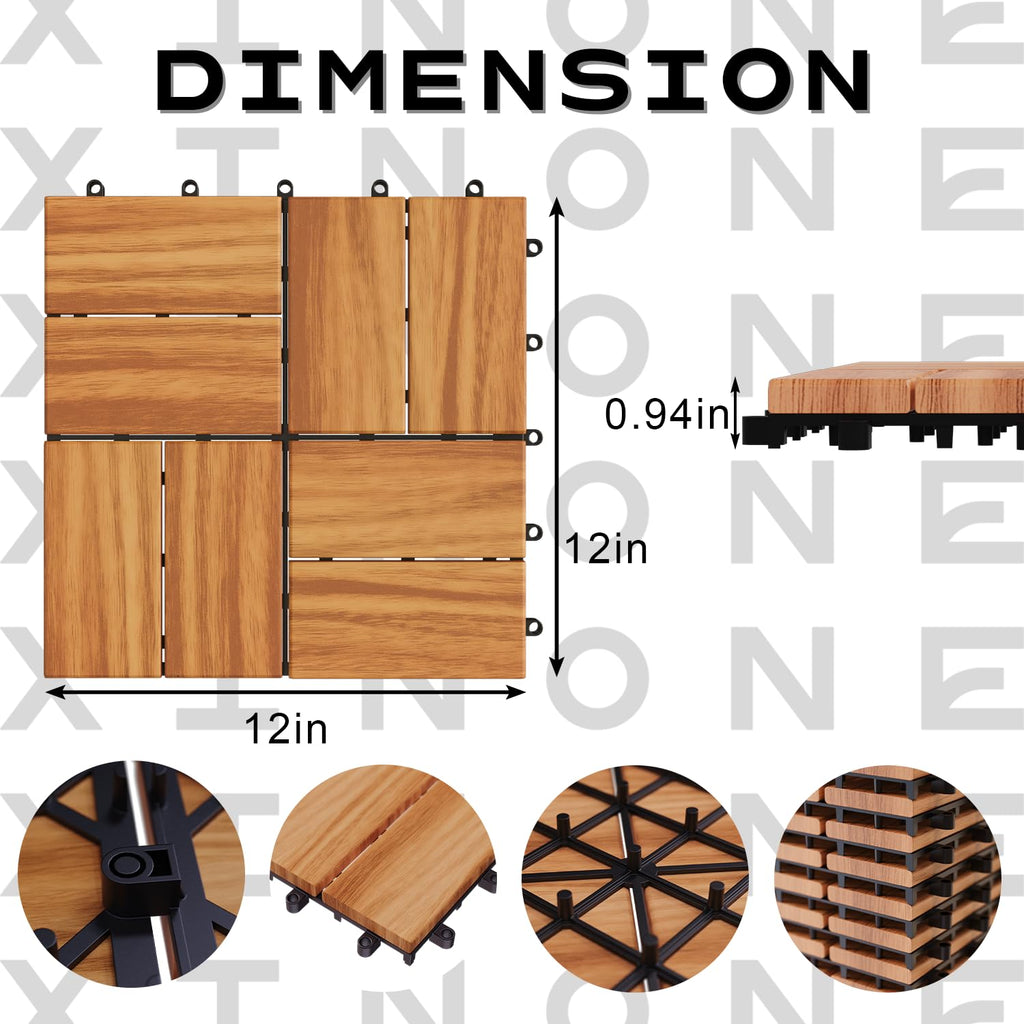 27 PCS 12" X 12" Acacia Deck Tiles, Waterproof Interlocking Deck Tiles for Indoor/Outdoor Wood Flooring, Easy DIY Snap