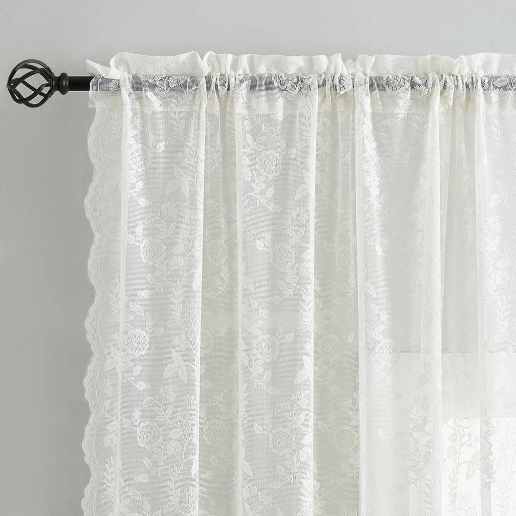 Lace Curtains 84 Inches Long - Rustic Branch Leaf Floral Patterned Ivory Sheer Lace Curtains, Scalloped Macrame