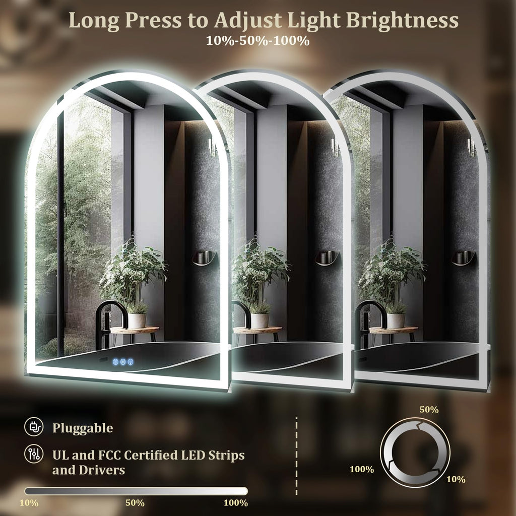 48x30 LED Arch Bathroom Mirror with Lights, Backlit + Front Lit