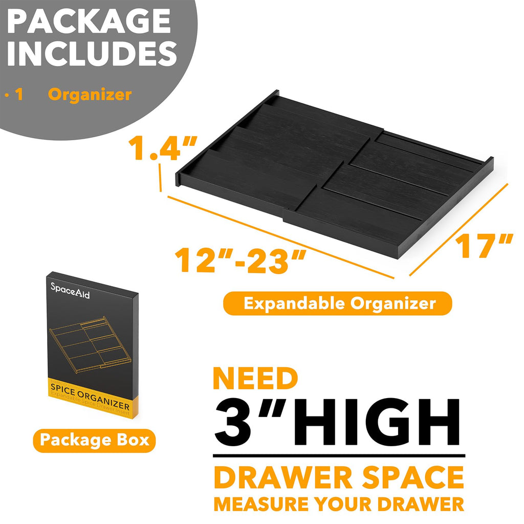 Bamboo Black Spice Drawer Organizer, (Need 3" Deep Drawer) Expandable 4 Tier Spices Rack for Cabinet, Kitchen
