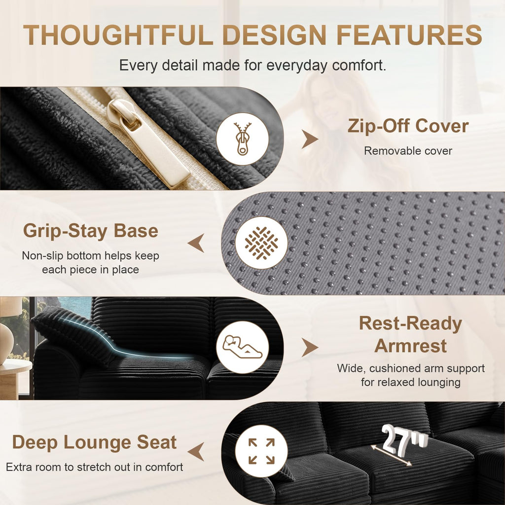 Upgraded Boneless Couch with Storage, Sectional Couches, L-Shaped Modular Cloud Corduroy Sofa with Ottoman &