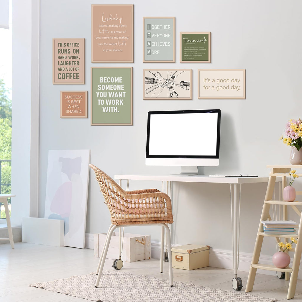 8 Set Office Wall Decor, Wooden Framed Motivational Quotes Art