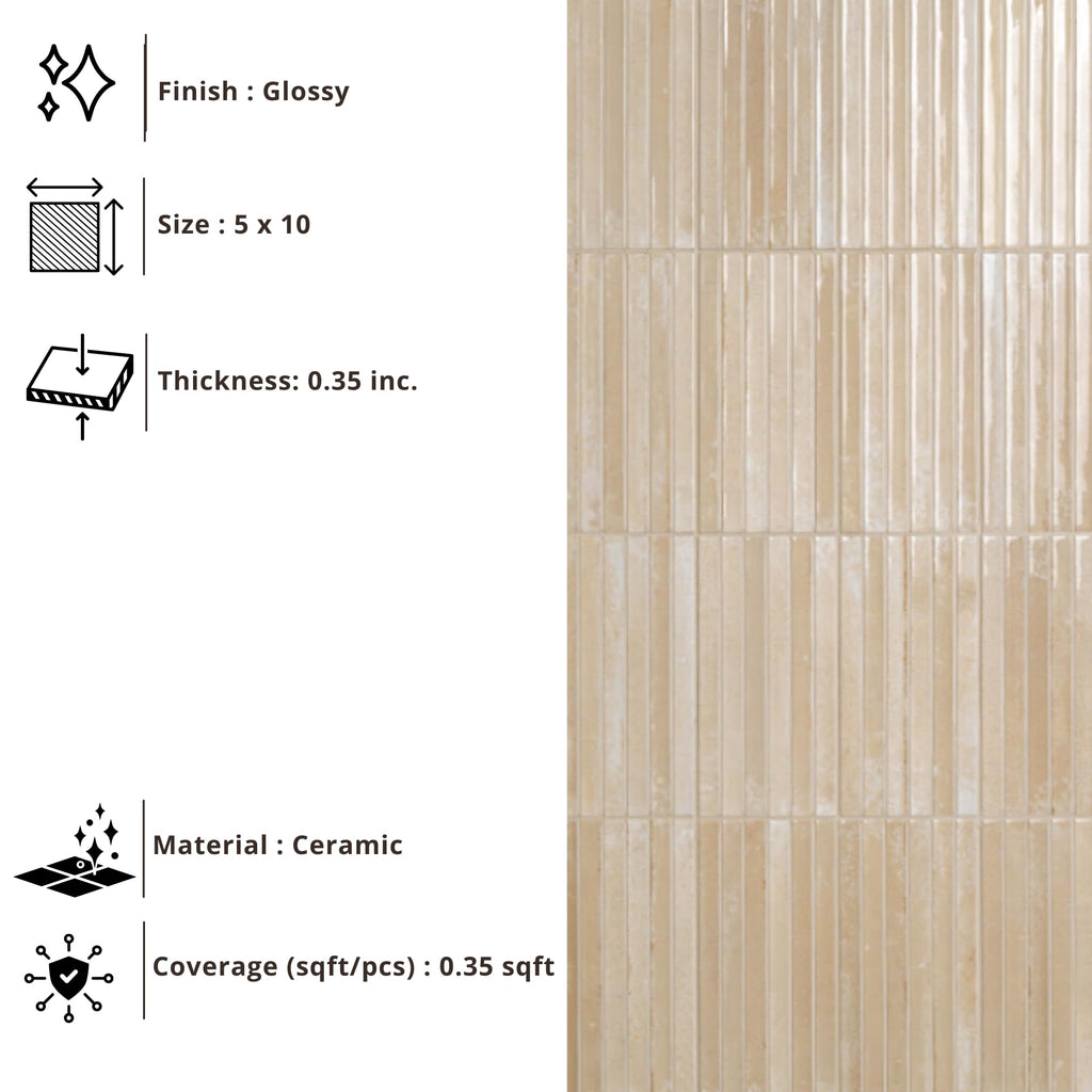 Beige Glossy Ribbed Ceramic Wall Tile (1 Piece)