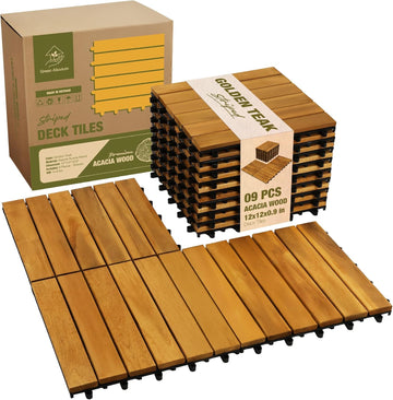Premium Acacia Wood Interlocking Deck Tiles, 9 PCS 12"x12"x0.9" Floor Tiles, Waterproof Wood Flooring for Backyard &