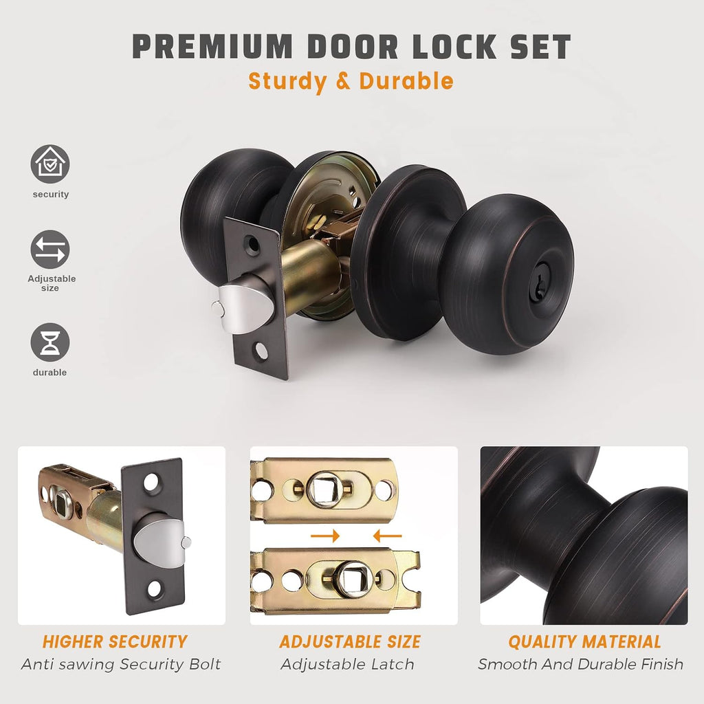 6 Pack Keyed Alike Exterior Door Knobs With Oil Rubbed Bronze Finish, Entry Bedroom Lock and Key, Entrance Set