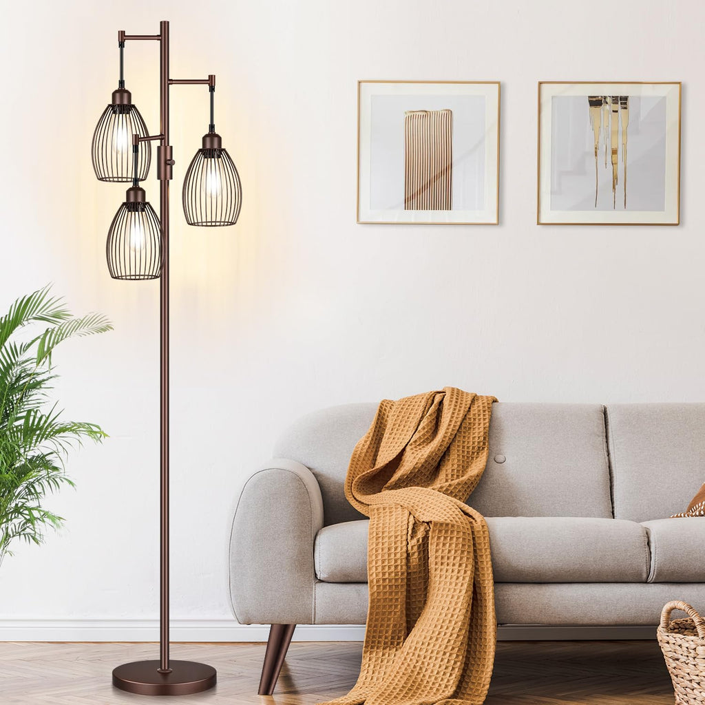 Dimmable Farmhouse Industrial Floor Lamp, Matte Brown Tree Standing Tall Lamps with 3 Elegant Teardrop Cage Head &